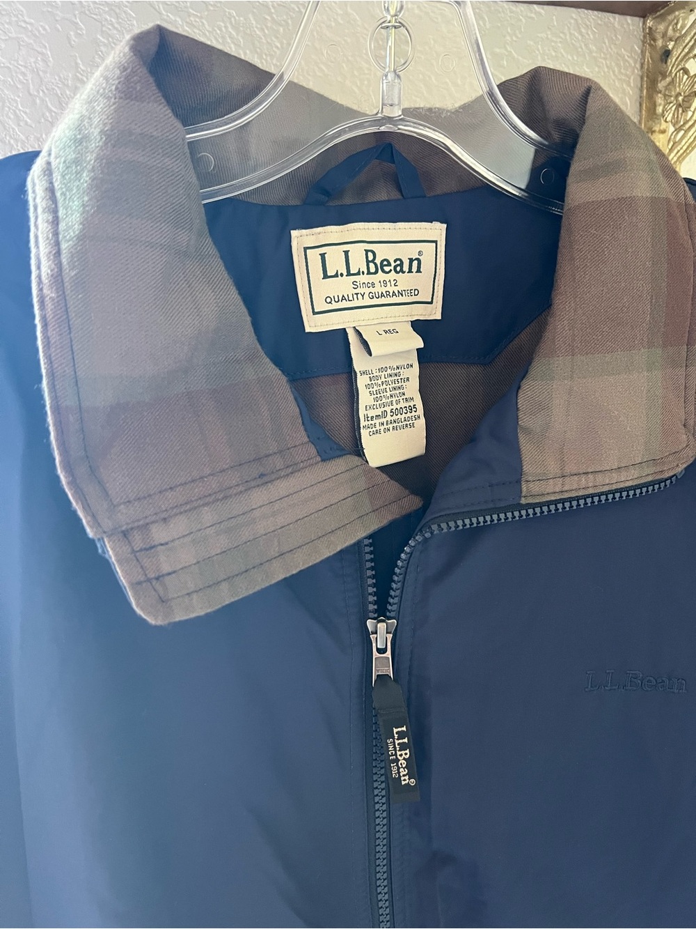 Vintage L.L. Bean Men's Navy Jacket with Plaid Collar. Barn Jacket Chore Jacket